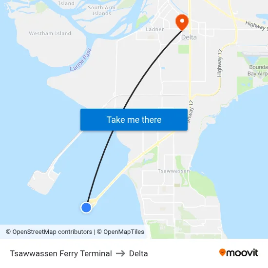 Tsawwassen Ferry Terminal to Delta map