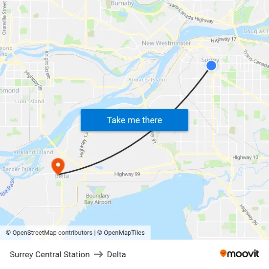 Surrey Central Station to Delta map