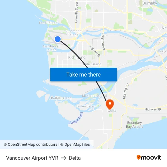 Vancouver Airport YVR to Delta map