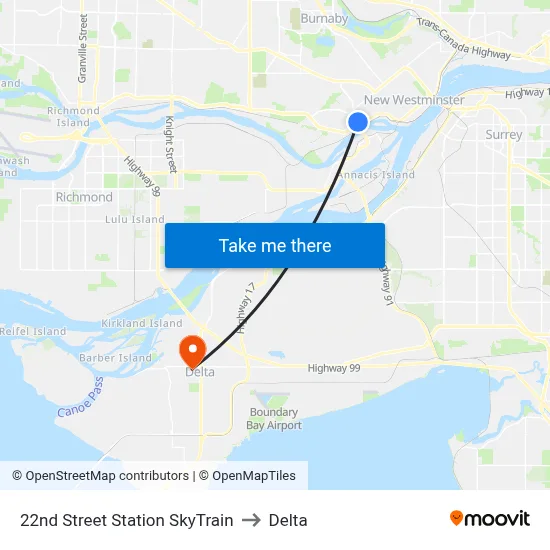 22nd Street Station SkyTrain to Delta map