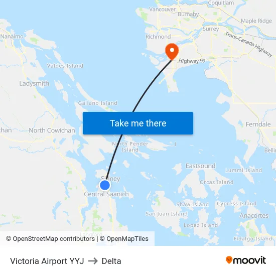 Victoria Airport YYJ to Delta map