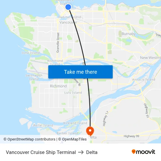 Vancouver Cruise Ship Terminal to Delta map