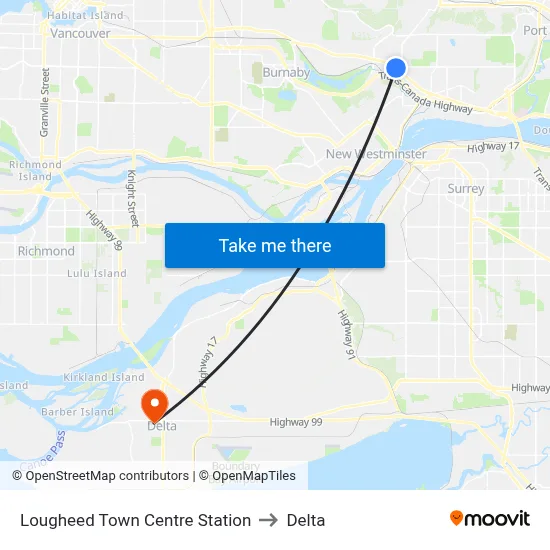 Lougheed Town Centre Station to Delta map