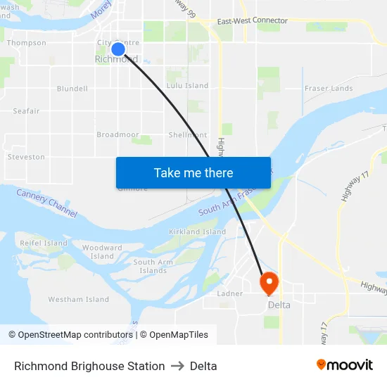 Richmond Brighouse Station to Delta map
