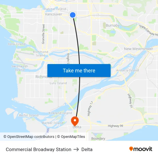 Commercial Broadway Station to Delta map