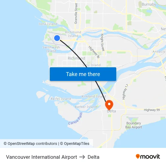 Vancouver International Airport to Delta map