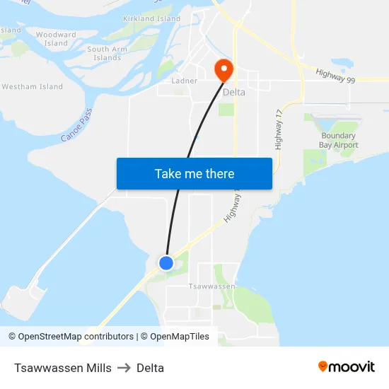 Tsawwassen Mills to Delta map