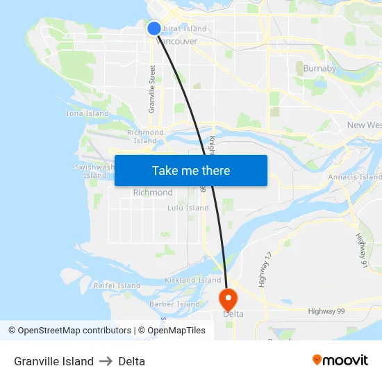 Granville Island to Delta map