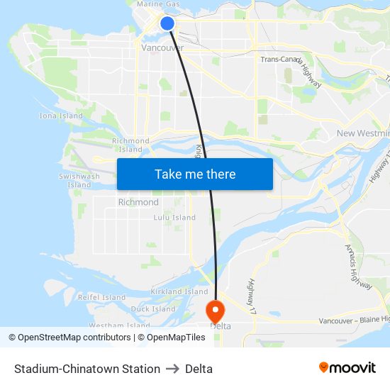 Stadium-Chinatown Station to Delta map