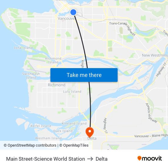 Main Street-Science World Station to Delta map