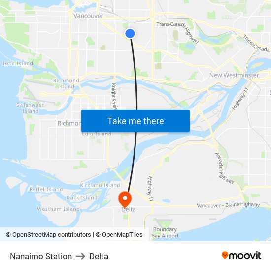 Nanaimo Station to Delta map