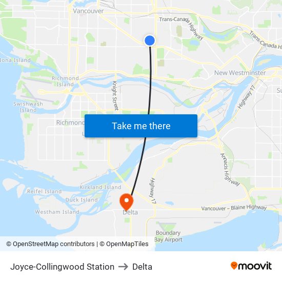 Joyce-Collingwood Station to Delta map