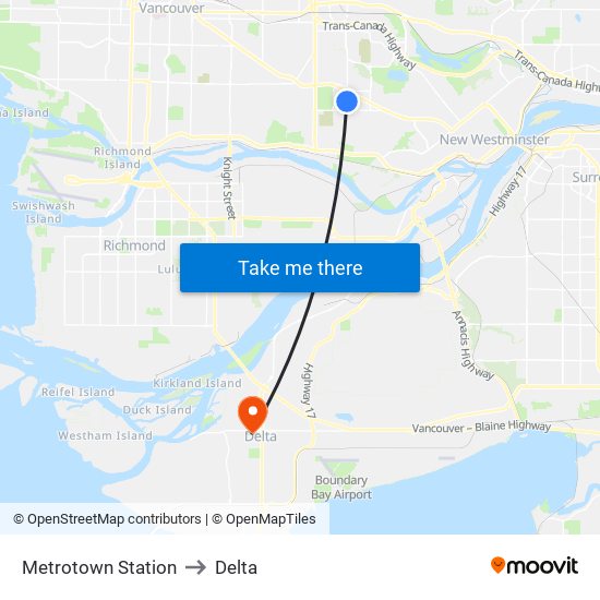 Metrotown Station to Delta map