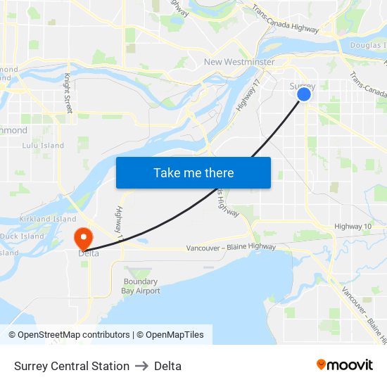 Surrey Central Station to Delta map