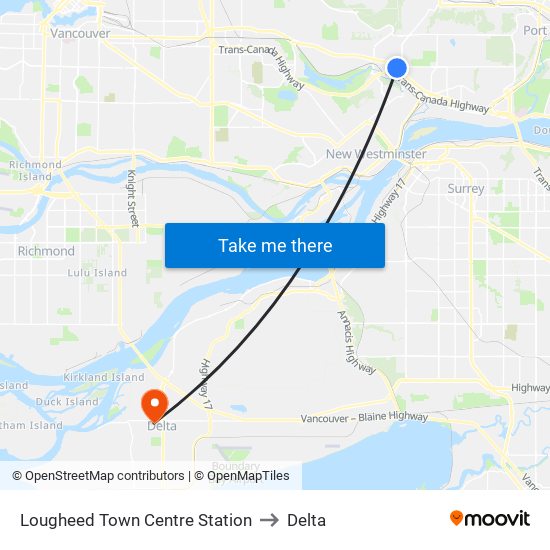Lougheed Town Centre Station to Delta map