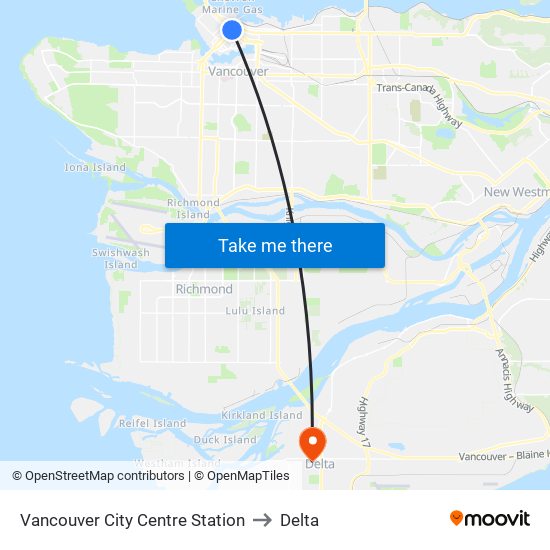 Vancouver City Centre Station to Delta map