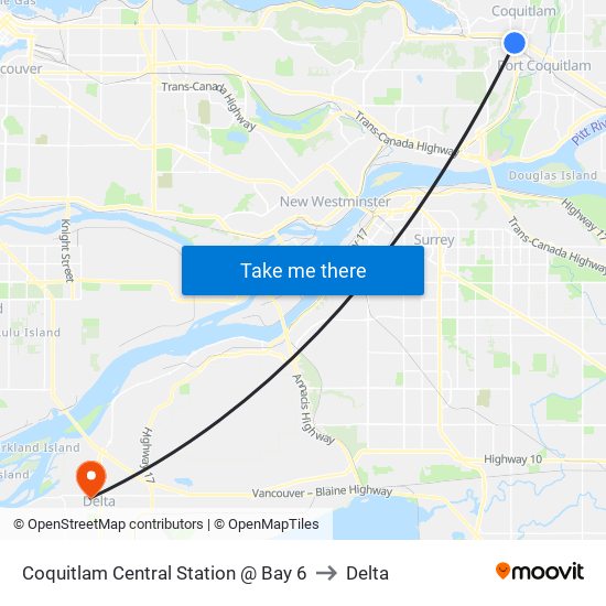 Coquitlam Central Station @ Bay 6 to Delta map