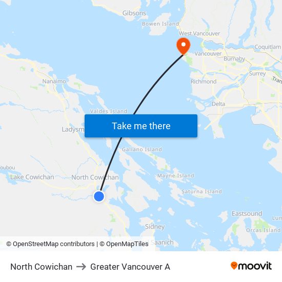 North Cowichan to Greater Vancouver A map