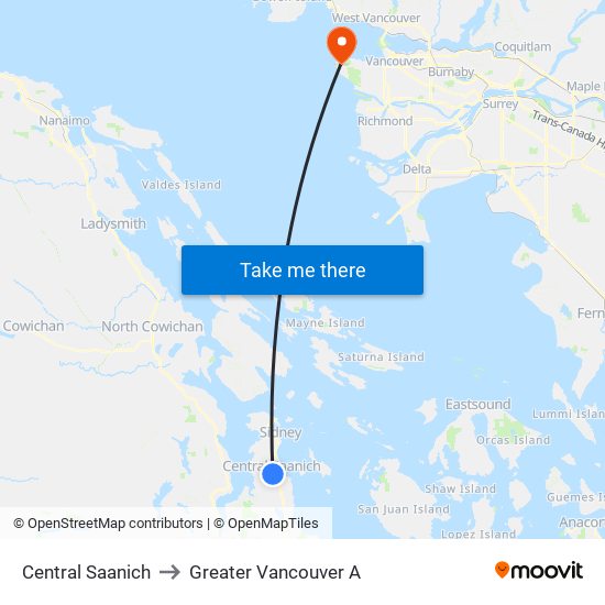 Central Saanich to Greater Vancouver A map