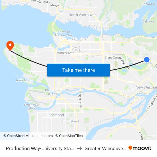 Production Way-University Station to Greater Vancouver A map