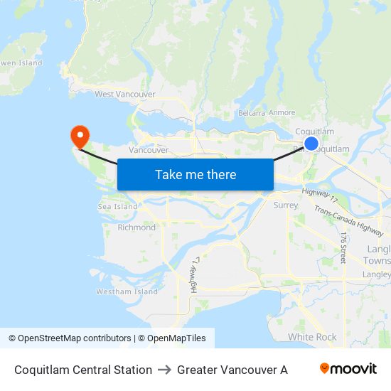 Coquitlam Central Station to Greater Vancouver A map