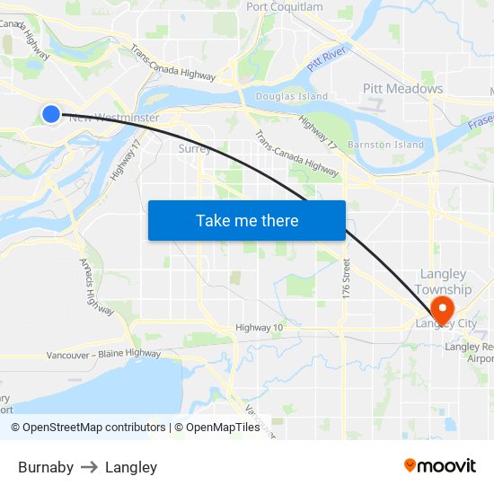 Burnaby to Langley map