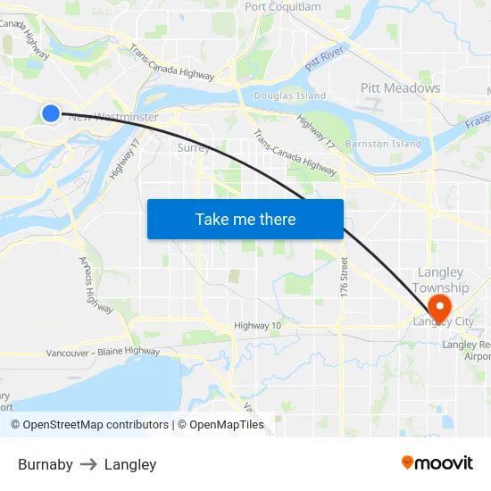 Burnaby to Langley map