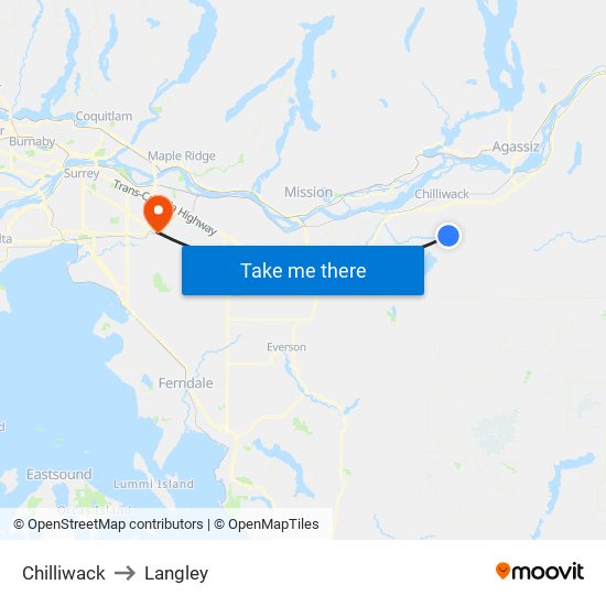 Chilliwack to Langley map