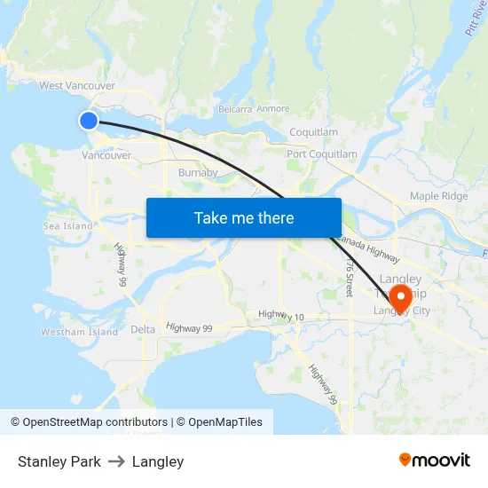Stanley Park to Langley map