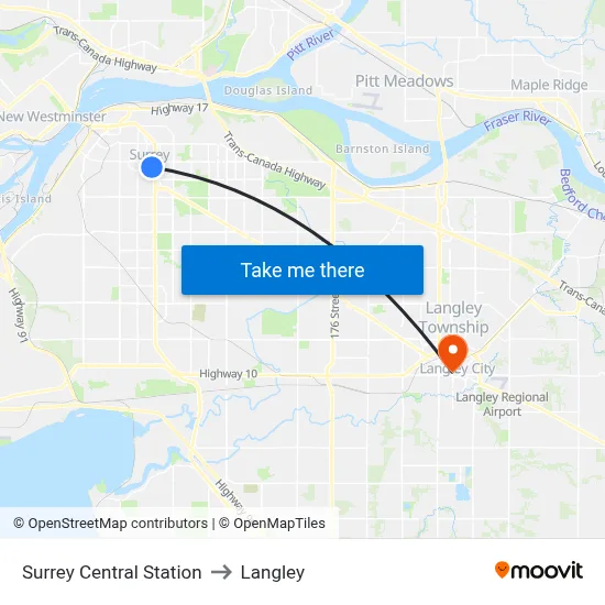 Surrey Central Station to Langley map