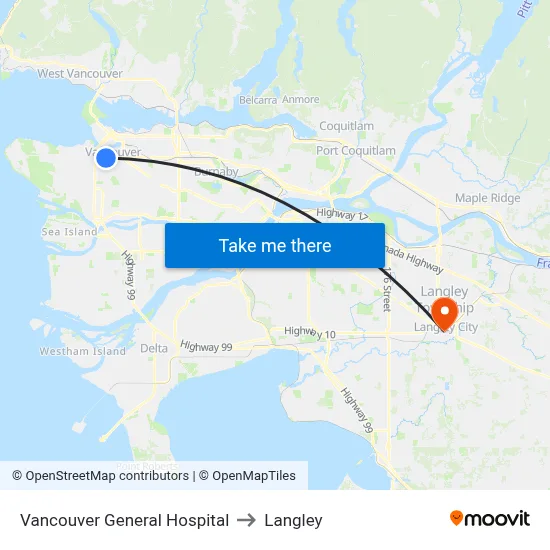 Vancouver General Hospital to Langley map