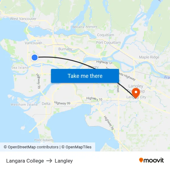 Langara College to Langley map