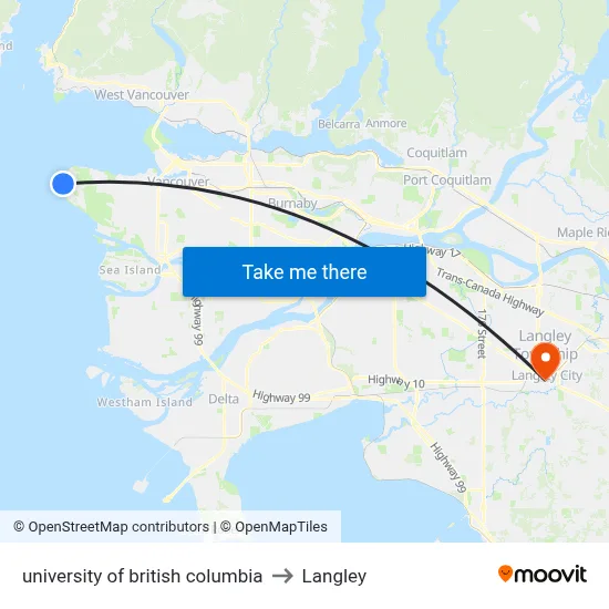 university of british columbia to Langley map