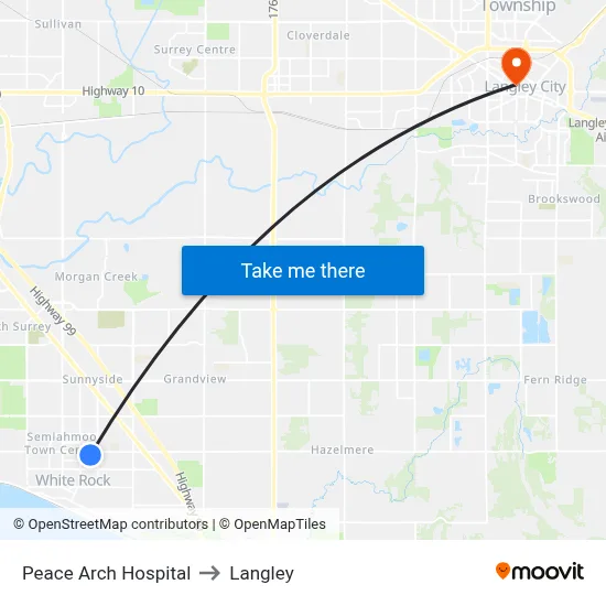 Peace Arch Hospital to Langley map