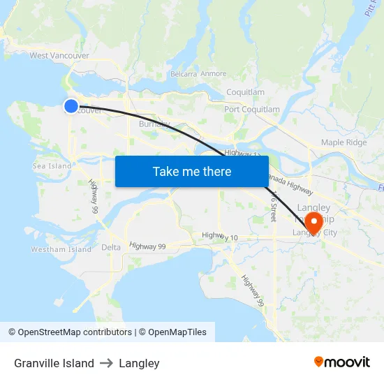 Granville Island to Langley map