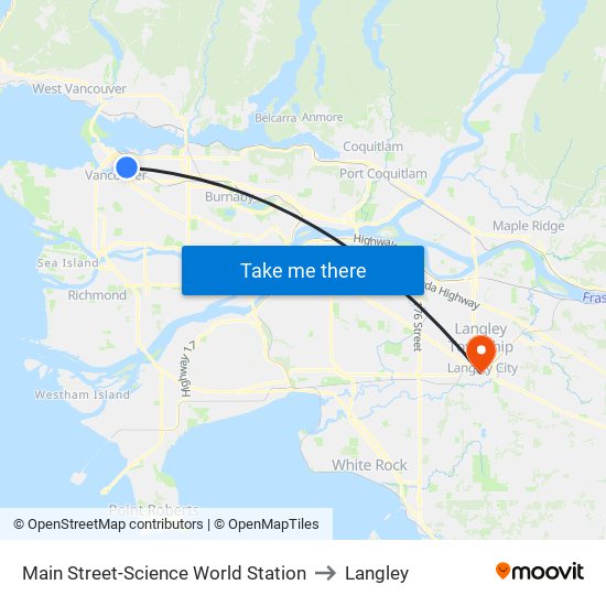 Main Street-Science World Station to Langley map