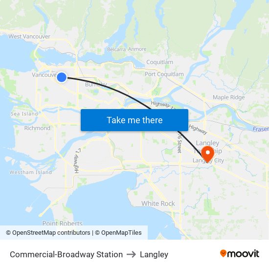Commercial-Broadway Station to Langley map
