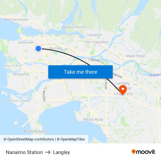 Nanaimo Station to Langley map