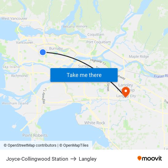 Joyce-Collingwood Station to Langley map