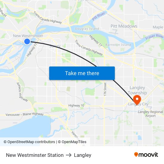 New Westminster Station to Langley map