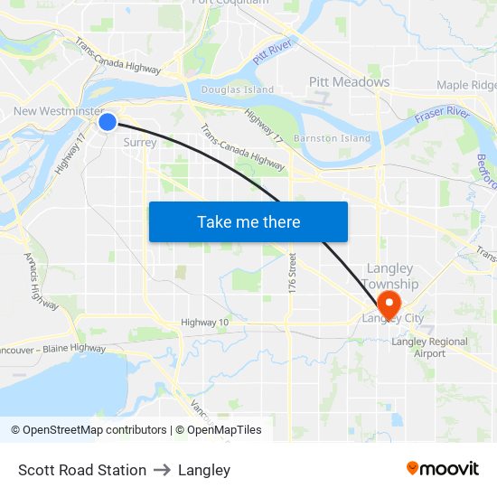 Scott Road Station to Langley map