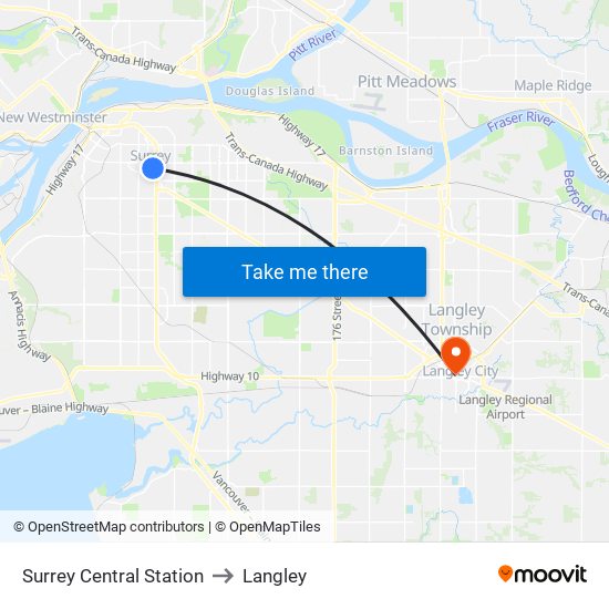 Surrey Central Station to Langley map