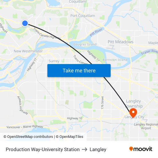 Production Way-University Station to Langley map