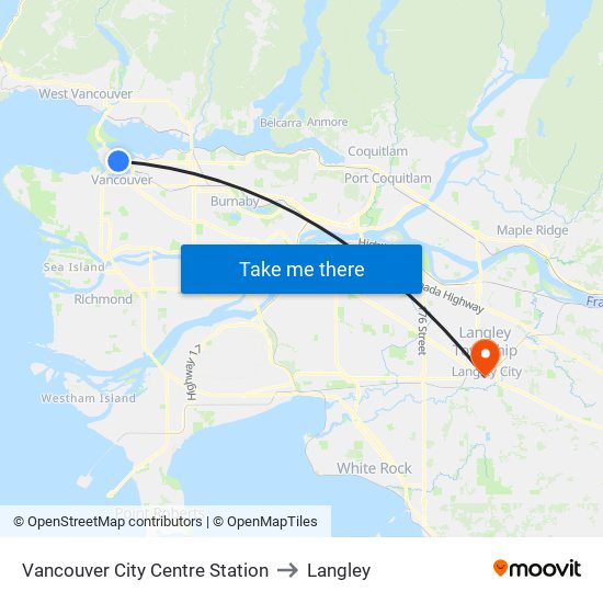 Vancouver City Centre Station to Langley map