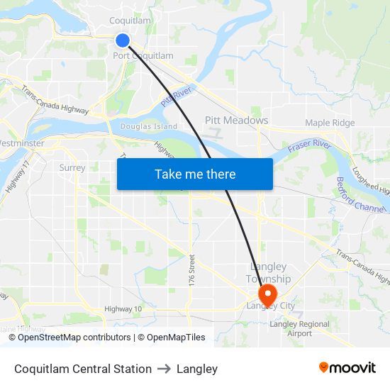 Coquitlam Central Station to Langley map