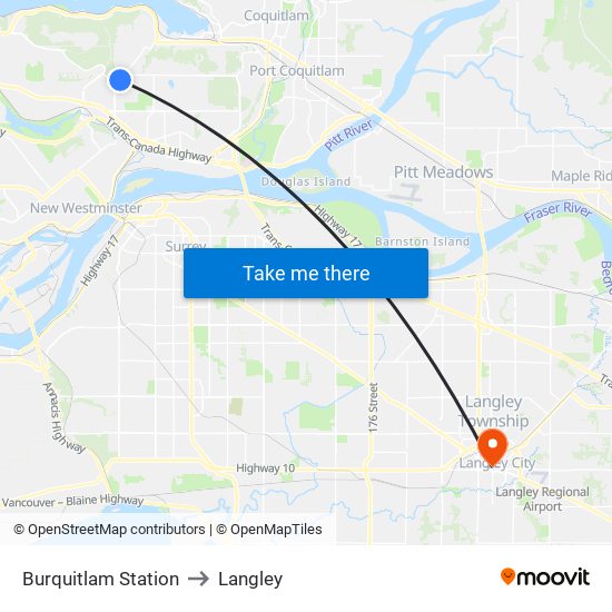 Burquitlam Station to Langley map