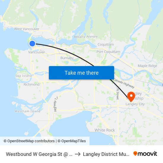 Westbound W Georgia St @ Denman St to Langley District Municipality map