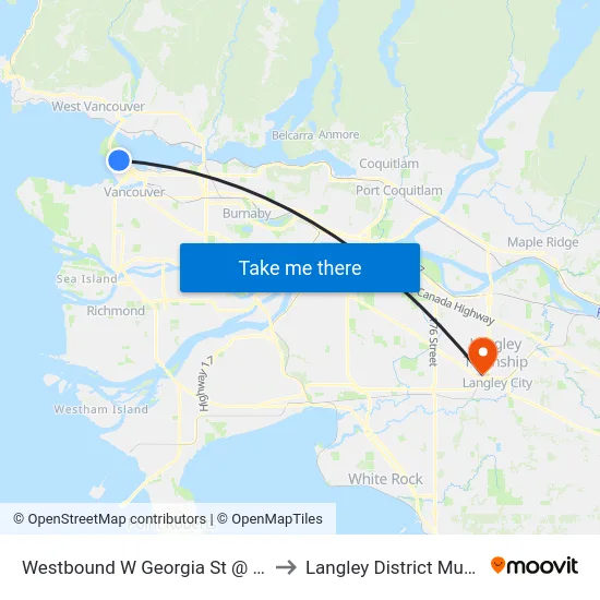 Westbound W Georgia St @ Denman St to Langley District Municipality map
