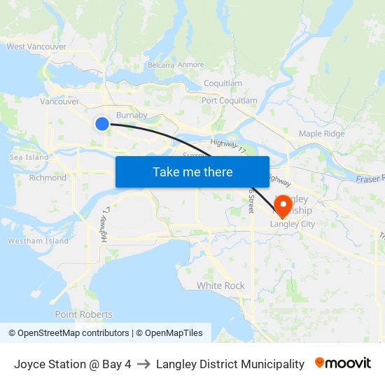 Joyce Station @ Bay 4 to Langley District Municipality map