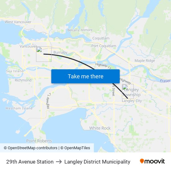 29th Avenue Station to Langley District Municipality map